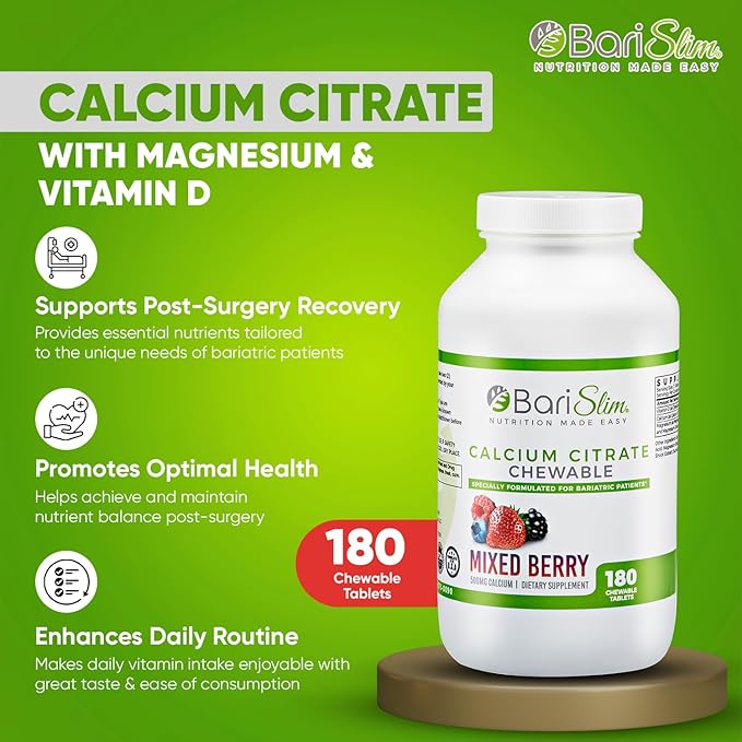 BariSlim Bariatric Calcium Citrate with Magnesium and Vitamin D Tabs - 500 mg of Calcium Citrate Per Serving - Formulated for Patients After Weight Loss Surgery | Mixed Berry (90 Servings)