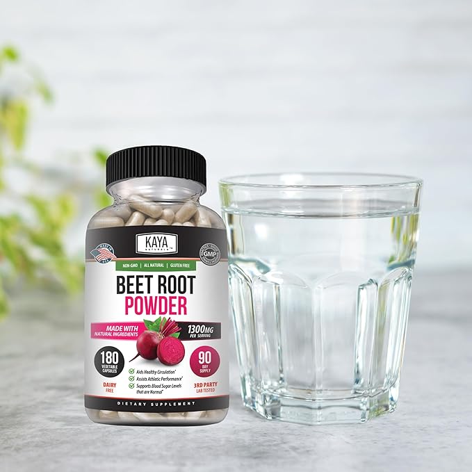 Kaya Naturals Organic Beet Root Powder 1300mg Per Serving 60 Veggie Capsules Supports Athletic Performance Aids in Healthy Circulation (60)