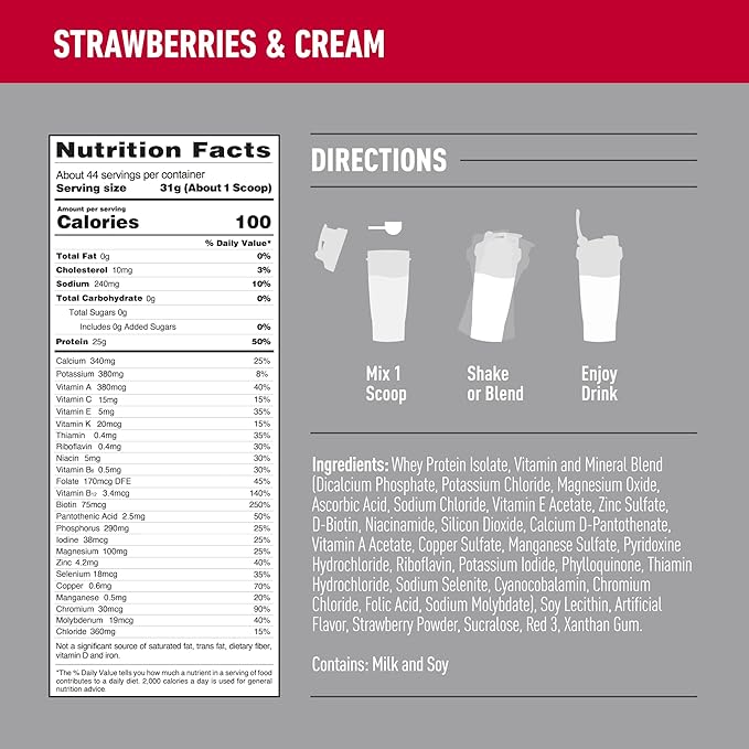 Isopure Protein Powder, Zero Carb Whey Isolate with Vitamin C & Zinc for Immune Support, 25g Protein, Keto Friendly, Strawberries & Cream, 44 Servings, 3 Pounds (Packaging May Vary)