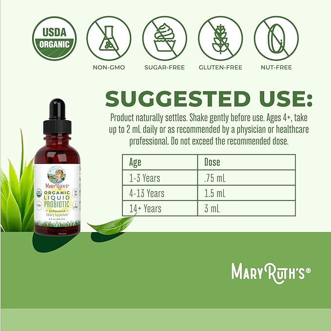 MaryRuth Organics USDA Organic Liquid Probiotic | Digestive Health | Probiotics for Women, Men, Kids | Acidophilus Probiotic | Vegan | Travel Friendly | 20 Servings
