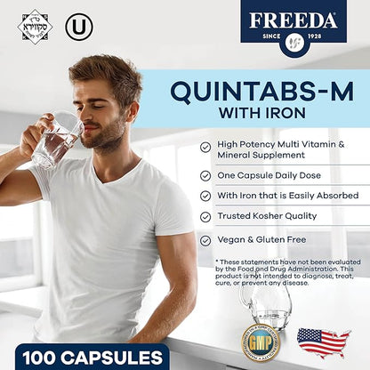 FREEDA Multivitamin One Daily – Quintabs-M with Iron – Kosher Multi Vitamins Supplements for Women Health - Multivitamins for Women & Iron-Deficient Men Adult Vitamins Multivitamin (250)