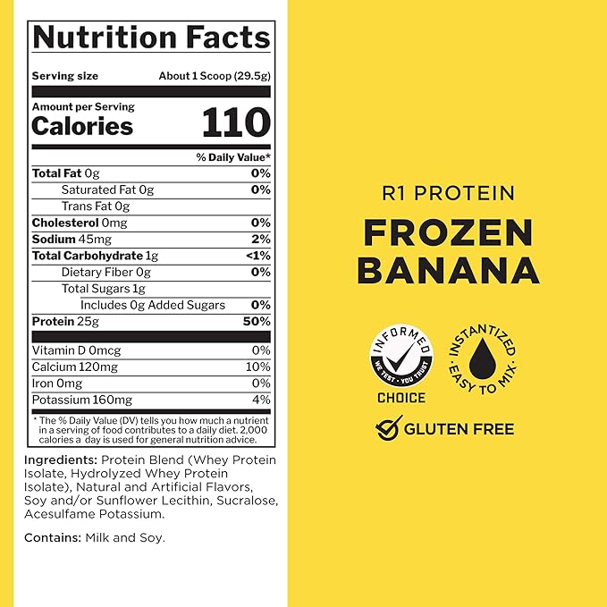 Rule One Proteins R1 Protein - 25g Fast-Acting, Super-Pure 100% Isolate and Hydrolysate Protein Powder with 6g BCAAs (2 Pounds*, Frozen Banana)
