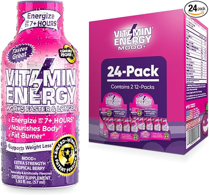 Mood Support Vitamin Energy Drink - Sugar Free, Keto/Vegan Friendly Shots | Mood Balancing with Rhodiola and Chamomile | Energize up to 7+ Hours | Tropical Berry - 1.93 Fl Oz - Pack Of 24