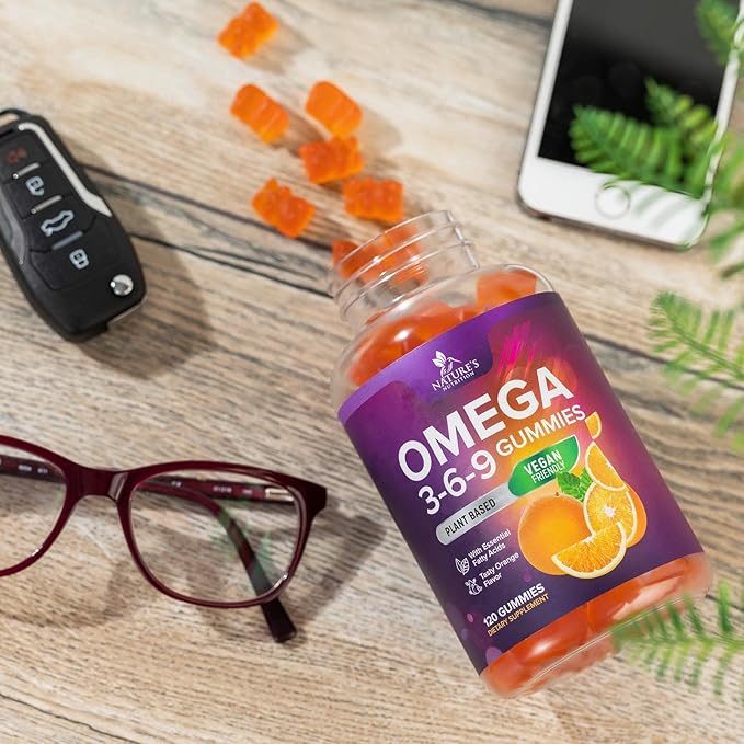 Omega 3 6 9 Vegan Gummies - Triple Strength Omega 3 Supplement Essential Oil Gummy - Omega 369 Heart Support and Brain Support for Women, Men & Pregnant Women, Non-GMO, Orange Flavor - 120 Gummies
