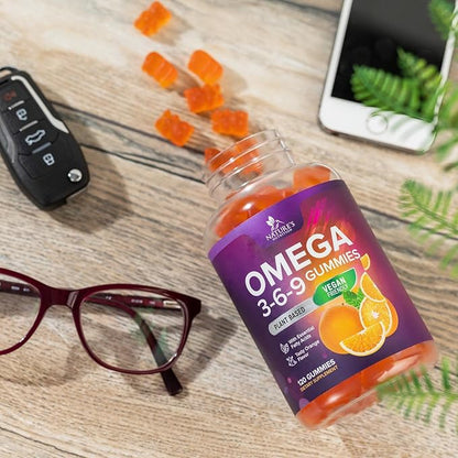 Omega 3 6 9 Vegan Gummies - Triple Strength Omega 3 Supplement Essential Oil Gummy - Omega 369 Heart Support and Brain Support for Women, Men & Pregnant Women, Non-GMO, Orange Flavor - 120 Gummies