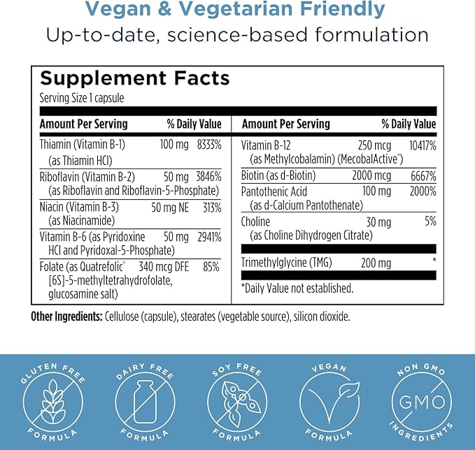 Designs for Health Methylated Vitamin B Complex - Vitamin B Supplements with B12 Vitamins, B1, B3, Niacin, B6, Folate & Biotin - Methylated Multivitamin for Metabolic + Heart Health (60 Capsules)