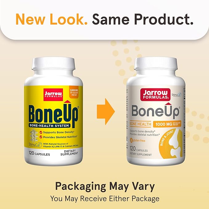 Jarrow Formulas BoneUp - 120 Capsules - 60 Servings - For Bone Support & Skeletal Nutrition - Includes Naturally Derived Vitamin D3, K2 (as MK-7) & 1000 mg Calcium - Gluten Free - Non-GMO