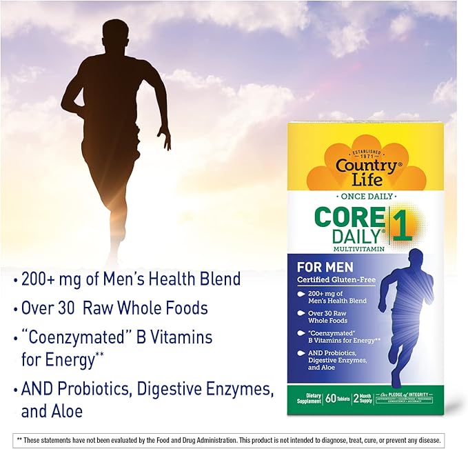Country Life Core Daily-1 for Men - Multivitamin with Probiotics, Saw Palmetto, Pumpkin Seed Extract, and Coenzymated B Vitamins - Gluten-Free and Vegetarian - 60 Tablets