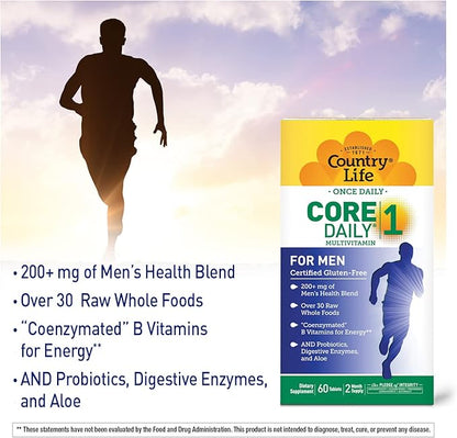 Country Life Core Daily-1 for Men - Multivitamin with Probiotics, Saw Palmetto, Pumpkin Seed Extract, and Coenzymated B Vitamins - Gluten-Free and Vegetarian - 60 Tablets