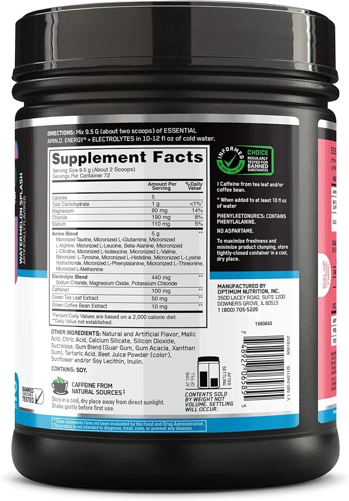 Optimum Nutrition Essential AMIN.O Energy & Electrolytes - Energy, Focus & Post-Workout Muscle Recovery - Watermelon Pre-Workout Electrolyte Powder Drink - Watermelon Splash, 1.51 lb (72 Servings)