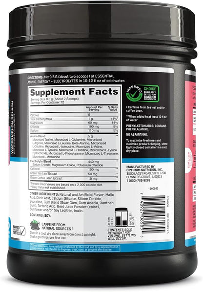 Optimum Nutrition Essential AMIN.O Energy & Electrolytes - Energy, Focus & Post-Workout Muscle Recovery - Watermelon Pre-Workout Electrolyte Powder Drink - Watermelon Splash, 1.51 lb (72 Servings)