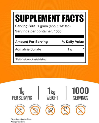 BulkSupplements.com Agmatine Sulfate Powder - Nitric Oxide Supplement, Agmatine Sulfate 1000mg - Unflavored & Gluten Free, 1000mg per Serving, 1kg (2.2 lbs) (Pack of 1)