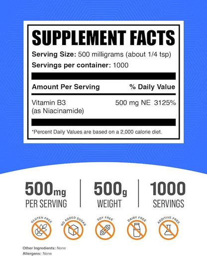 BulkSupplements.com Niacinamide Powder - Niacinamide Supplement, Vitamin B3 Supplement, Niacinamide 500mg - B3 Vitamins for Skin Health, Pure & Gluten Free - 500mg per Serving, 500g (1.1 lbs)