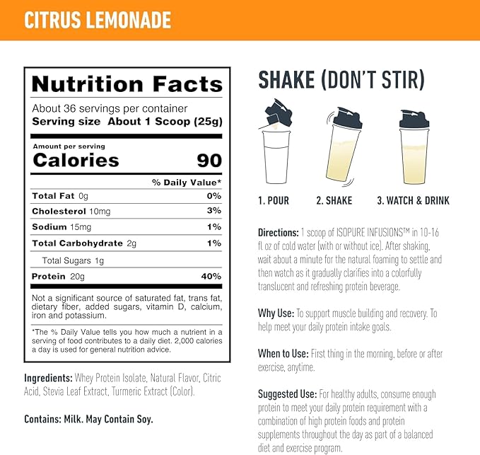 Isopure Protein Powder, Clear Whey Isolate Protein, Post Workout Recovery Drink Mix, Gluten Free with Zero Added Sugar, Infusions- Citrus Lemonade, 36 Servings, 1.9 pounds