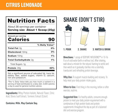 Isopure Protein Powder, Clear Whey Isolate Protein, Post Workout Recovery Drink Mix, Gluten Free with Zero Added Sugar, Infusions- Citrus Lemonade, 36 Servings, 1.9 pounds