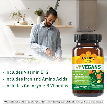 Country Life Max for Vegans - 120 Vegan Capsules - Daily Multivitamins for Men - Immune Support Supplement - Contains Vitamin B12, Iron, Amino Acids, Coenzyme B Vitamins - Gluten-Free