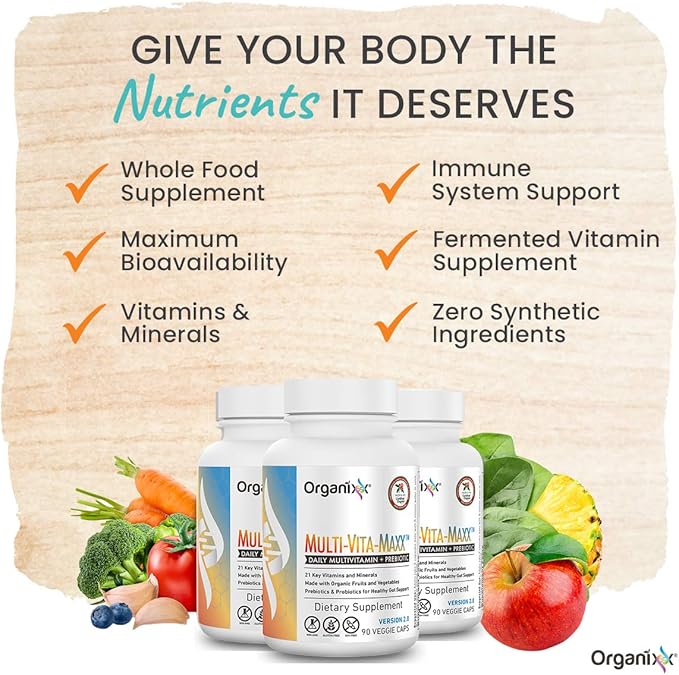 Organixx Vegan Multivitamin for Women & Men, Prebiotic with Vitamin C, D3, Vitamin B Complex, Probiotics, Organic Fruits and Vegetables, Supports Digestive, Gut Health, Immune Support, 90 Gel Capsules