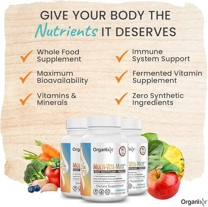Organixx Vegan Multivitamin for Women & Men, Prebiotic with Vitamin C, D3, Vitamin B Complex, Probiotics, Organic Fruits and Vegetables, Supports Digestive, Gut Health, Immune Support, 90 Gel Capsules