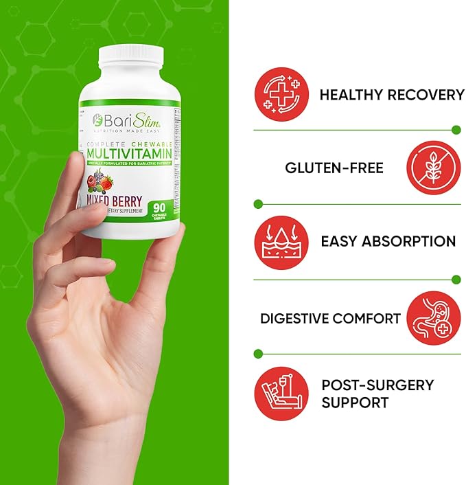 BariSlim Complete Chewable Bariatric Multivitamin Tablets - 45 mg Iron - Bariatric Vitamin & Supplement for Post Bariatric Surgery Including Gastric Bypass & Gastric Sleeve | Mixed Berry (90 Count)