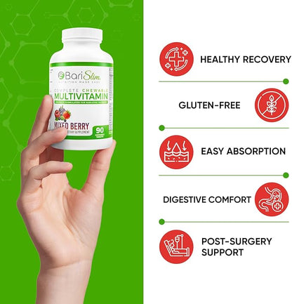 BariSlim Complete Chewable Bariatric Multivitamin Tablets - 45 mg Iron - Bariatric Vitamin & Supplement for Post Bariatric Surgery Including Gastric Bypass & Gastric Sleeve | Mixed Berry (90 Count)
