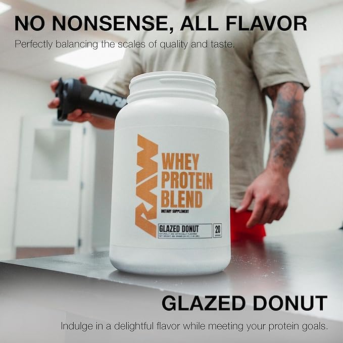 RAW Whey Protein Powder Blend, Glazed Donut (20 Servings) - Grass-Fed Microfiltered Protein Isolate for Muscle Growth & Recovery - Pre & Post Workout Sports Nutrition Supplement for Men & Women