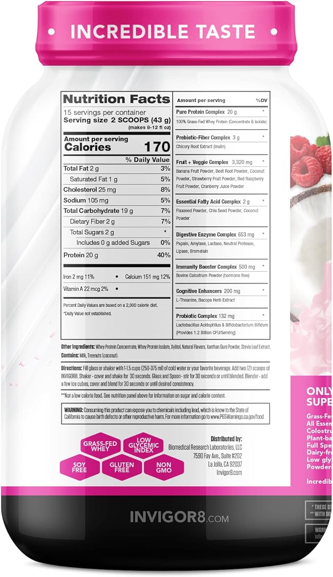 INVIGOR8 Superfood Grass Fed Whey Protein Isolate Shake Natural Strawberry Gluten-Free and Non GMO Meal Replacement with Probiotics and Omega 3 (645g)