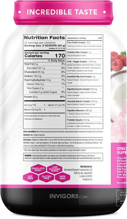 INVIGOR8 Superfood Grass Fed Whey Protein Isolate Shake Natural Strawberry Gluten-Free and Non GMO Meal Replacement with Probiotics and Omega 3 (645g)