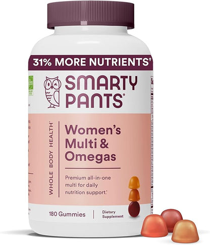 SmartyPants Women's Multivitamin Gummies: Omega 3 Fish Oil (EPA/DHA), Methylfolate, CoQ10, Vitamin D3, C, Vitamin B12, B6, Vitamin A, K & Zinc, Gluten Free, 180 Count (30 Day Supply)