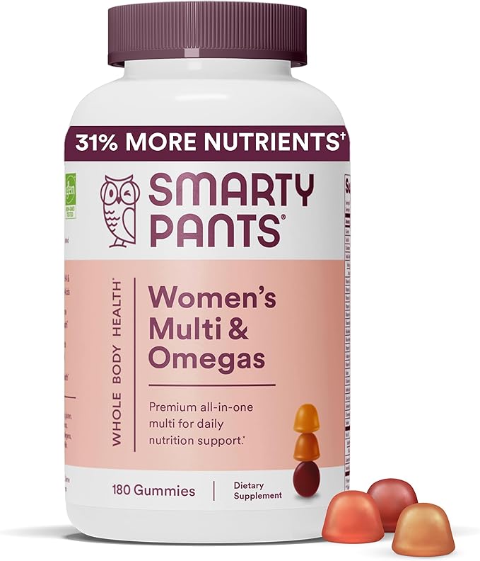 SmartyPants Women's Multivitamin Gummies: Omega 3 Fish Oil (EPA/DHA), Methylfolate, CoQ10, Vitamin D3, C, Vitamin B12, B6, Vitamin A, K & Zinc, Gluten Free, 180 Count (30 Day Supply)