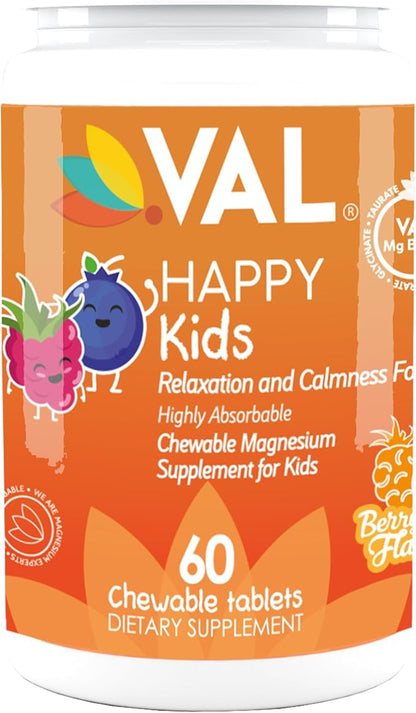VAL Chewable Magnesium for Kids, Relaxation and Calm Formula, Glycinate, Citrate, Taurate, Vitamin B6, D, C, Natural Blueberry Flavor, Sugar Free, Gluten Free, Non-GMO, 60 Chewable Tablets