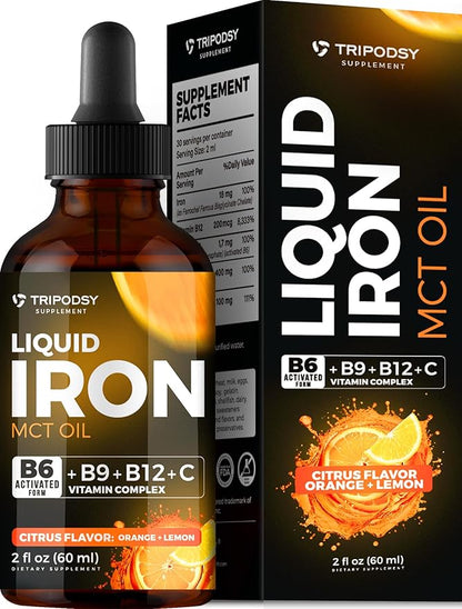Liquid Iron Supplement for Women and Men - Iron Drops with B6, B9, B12, Vitamin C, Iron Vitamin for Anemia, Blood Builder, Folate for Red Blood Cell and Immune Support MCT Oil (2 Fl Oz, Citrus)