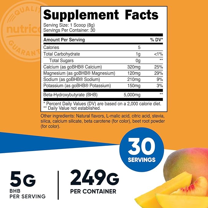 Nutricost BHB Salts Drink Mix (30 Servings, Peach Mango Flavored) (5G BHB Per Serving) - 0G Total Sugars, Vegetarian Product