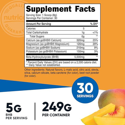 Nutricost BHB Salts Drink Mix (30 Servings, Peach Mango Flavored) (5G BHB Per Serving) - 0G Total Sugars, Vegetarian Product