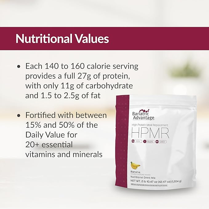 Bariatric Advantage High Protein Meal Replacement Drink Mix, Protein Powder Whey Isolate for Gastric Bypass and Sleeve Gastrectomy Patients, 27g Protein, Lactose Free - Banana - 28 Servings