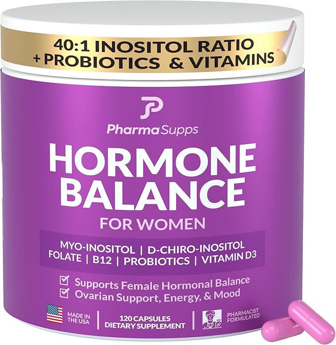 Hormone Balance for Women, Ovarian Support, Fertility, Menstrual Cycle, PCOS | Myo-Inositol & D-Chiro Inositol Supplement 40:1 Ratio w/Folic Acid for Hormonal Balance, B12 & Probiotics - 120 Count