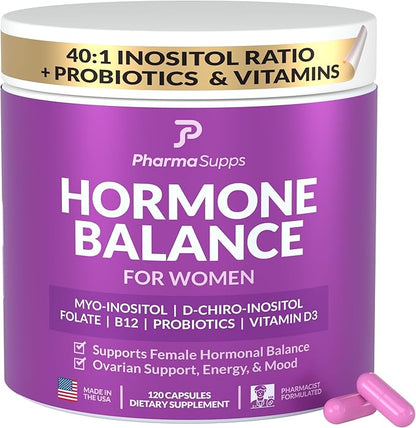 Hormone Balance for Women, Ovarian Support, Fertility, Menstrual Cycle, PCOS | Myo-Inositol & D-Chiro Inositol Supplement 40:1 Ratio w/Folic Acid for Hormonal Balance, B12 & Probiotics - 120 Count