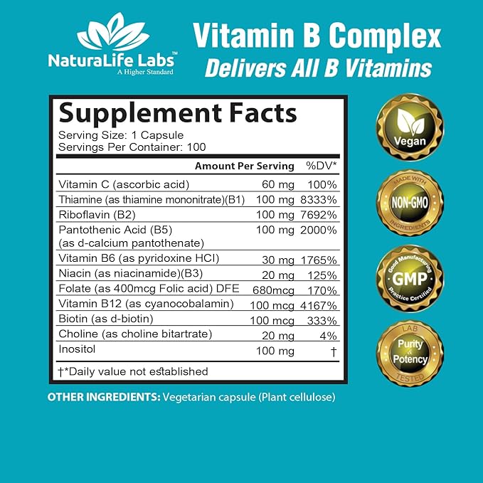 NaturaLife Labs A Higher Standard Vitamin B Complex with Vitamin C and Folic Acid - B12, B1, B2, B3, Vitamin B5 Pantothenic Acid, B6, B7, B9 - Nervous System Support 100 Veggie Capsules