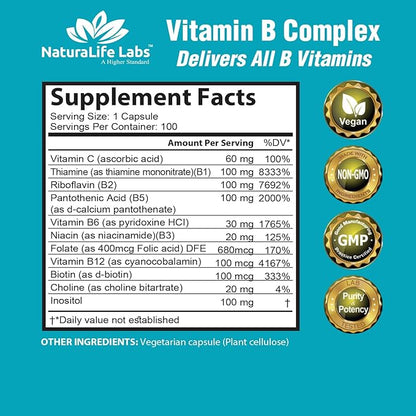 NaturaLife Labs A Higher Standard Vitamin B Complex with Vitamin C and Folic Acid - B12, B1, B2, B3, Vitamin B5 Pantothenic Acid, B6, B7, B9 - Nervous System Support 100 Veggie Capsules
