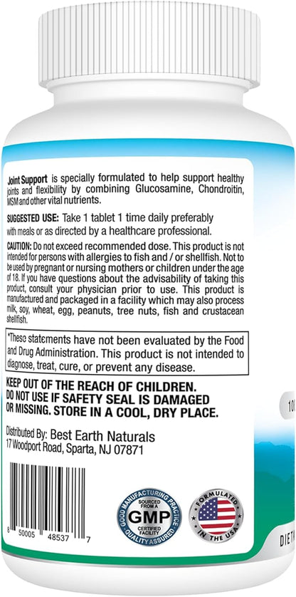 Best Earth Naturals Joint Support- Glucosamine, Chondroitin, MSM & Special Vitamins & Nutrients for Back, Hip & Joint Support - Joint Supplement for Joints, Muscle & Flexibility 30 Day Supply
