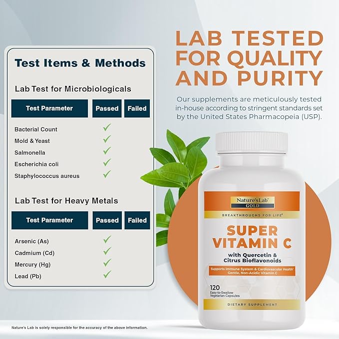 Nature’s Lab Gold Super Vitamin C 1000mg – Immune System Support – Contains Bioflavonoids Complex & Quercetin – Non-Acidic, Non-GMO, Gluten Free, Vegan – 120 Capsules (2 Month Supply)