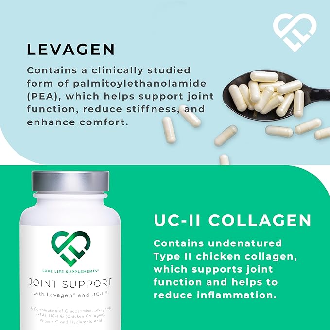 Joint Support, 2 Month Supply - 60 Capsules, with Glucosamine, Vitamin C, Hyaluronic Acid, Levagen® + UC-II® Chicken Collagen Type 2 for Joint Pain Relief, Joint Care Supplements for Men & Women