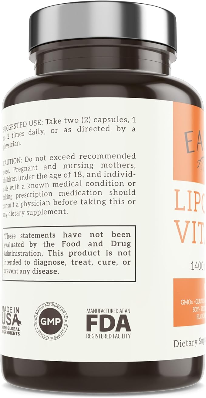 EARTHEN supplements Liposomal Vitamin C | Made with Organic Ingredients | 1400MG Per Serving | 180 Capsule - 90 Serving | Non GMO | Fat Soluble - High Absorption Antioxidant