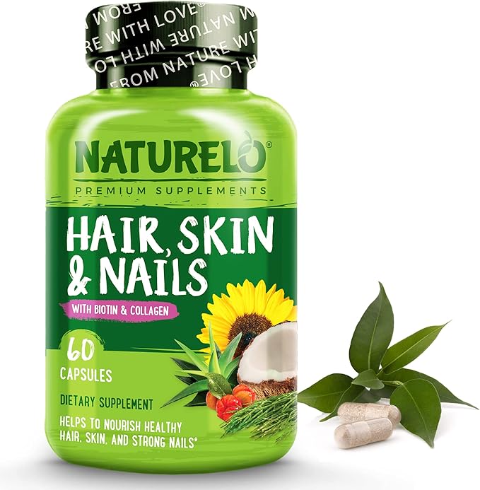 NATURELO Hair, Skin and Nails Vitamins - 5000 mcg Biotin, Collagen, Natural Vitamin E - Supplement for Healthy Skin, Hair Growth for Women and Men – 60 Capsules