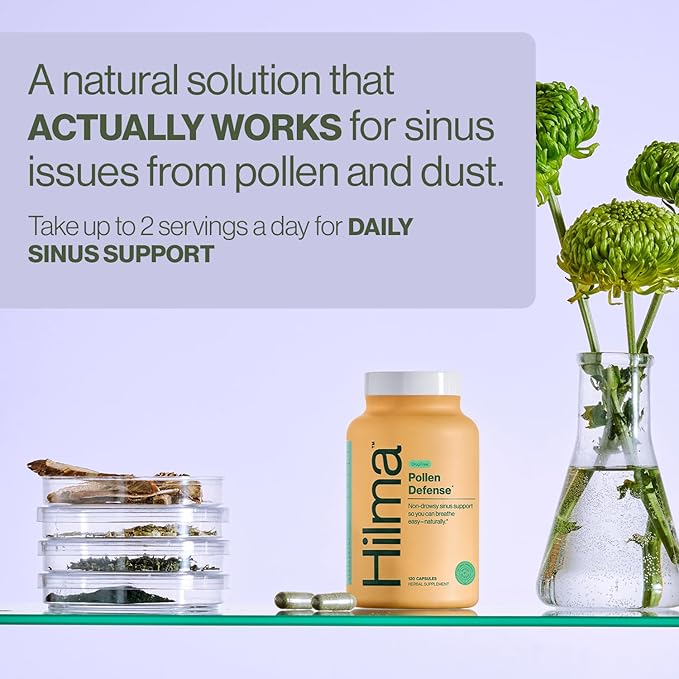 Hilma Natural Sinus Support – All Day Allergy & Sinus Relief from Pollen & Dust w/Butterbur, Stinging Nettles & Spirulina - Non-Drowsy - Organic, Clinically Proven Ingredients - 120 Vegan Capsules