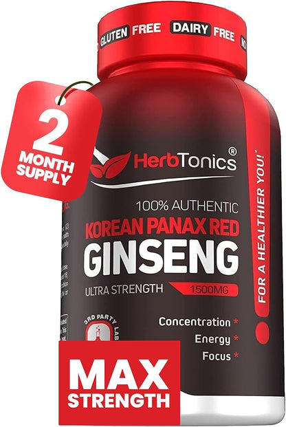 Herbtonics Korean Red Panax Ginseng 1500mg - High Potency Ginseng for Energy, Performance & Immune Support for Men & Women - Ginseng Root Extract Powder Supplement for Focus and Vitality -120 Capsules