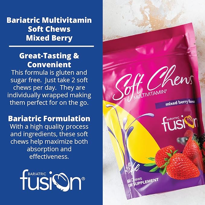 Bariatric Fusion Bariatric Multivitamin Soft Chew | Mixed Berry Fruit Flavor Chewy | Sugar Free Chewable Multivitamin Post Bariatric Surgery | Gastric Bypass and Sleeve | 60 Count | 1 Month Supply