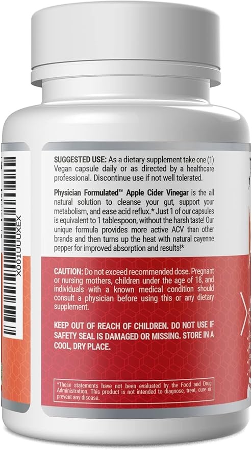 100% Organic Apple Cider Vinegar Capsules 750mg in just 1 Pill Pure Raw Apple Cider Vinegar with Cayenne Pepper for Natural, Fast Detox and Cleanse - 90 Capsules