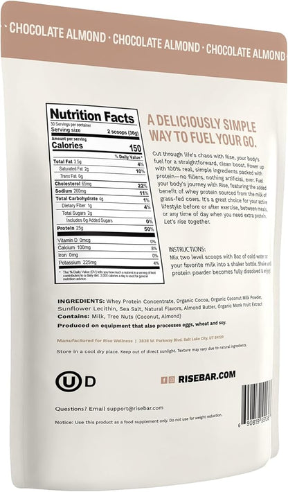 Rise Grass-Fed Whey Protein Powder - Chocolate Almond | 25g Protein No Artificial Flavors, Colors, or Preservatives - Sugar Free, Gluten-Free, Soy Free (2.4 lbs)