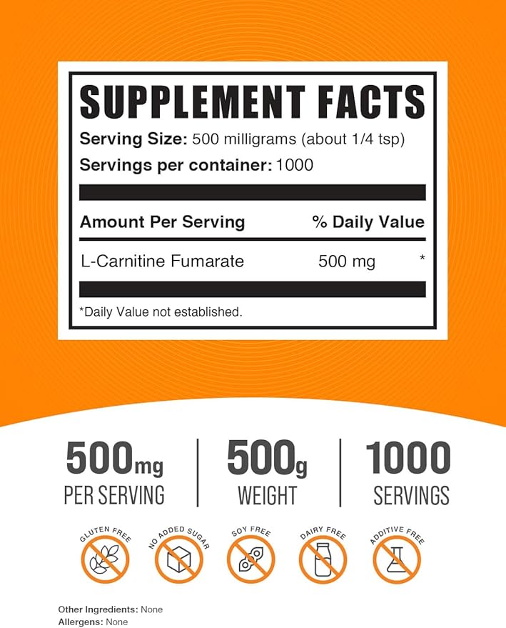 BulkSupplements.com L-Carnitine Fumarate Powder - Carnitine Supplement, Carnitine Powder, L-Carnitine 500mg - Gluten Free, 500mg per Serving, Gluten Free, 500g (1.1 lbs) (Pack of 1)