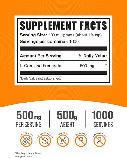 BulkSupplements.com L-Carnitine Fumarate Powder - Carnitine Supplement, Carnitine Powder, L-Carnitine 500mg - Gluten Free, 500mg per Serving, Gluten Free, 500g (1.1 lbs) (Pack of 1)
